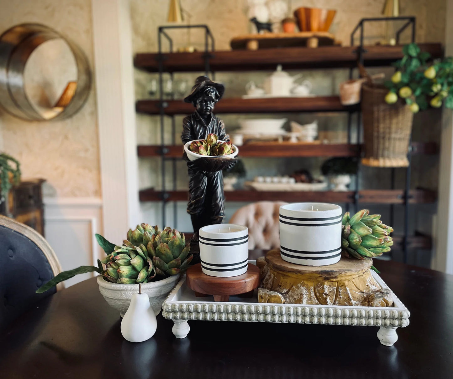 Luxury Small Striped Stone Candle - Farmhouse