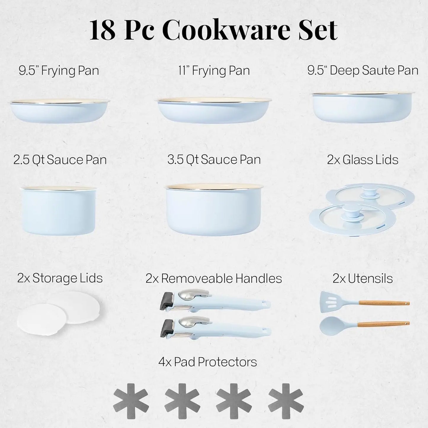 18 Pc Removeable Handle Pots and Pans Set Non Stick
