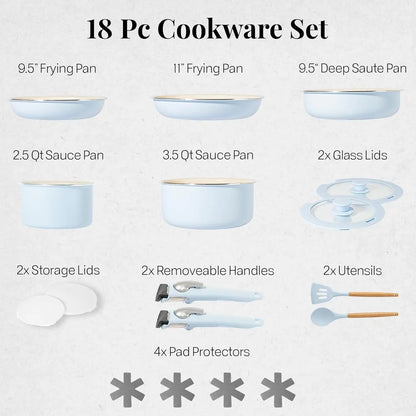 18 Pc Removeable Handle Pots and Pans Set Non Stick